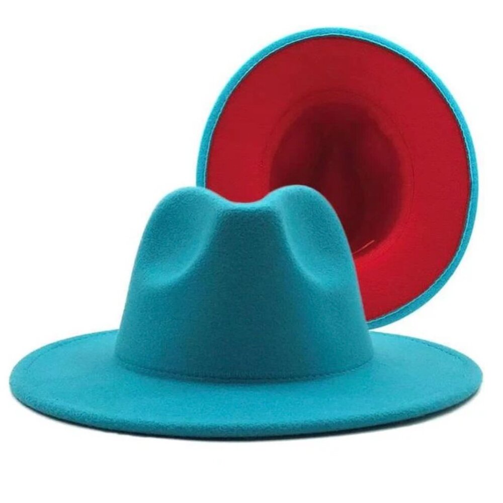 Turquoise Fedora Hat – Wide Brim with Red Underbrim